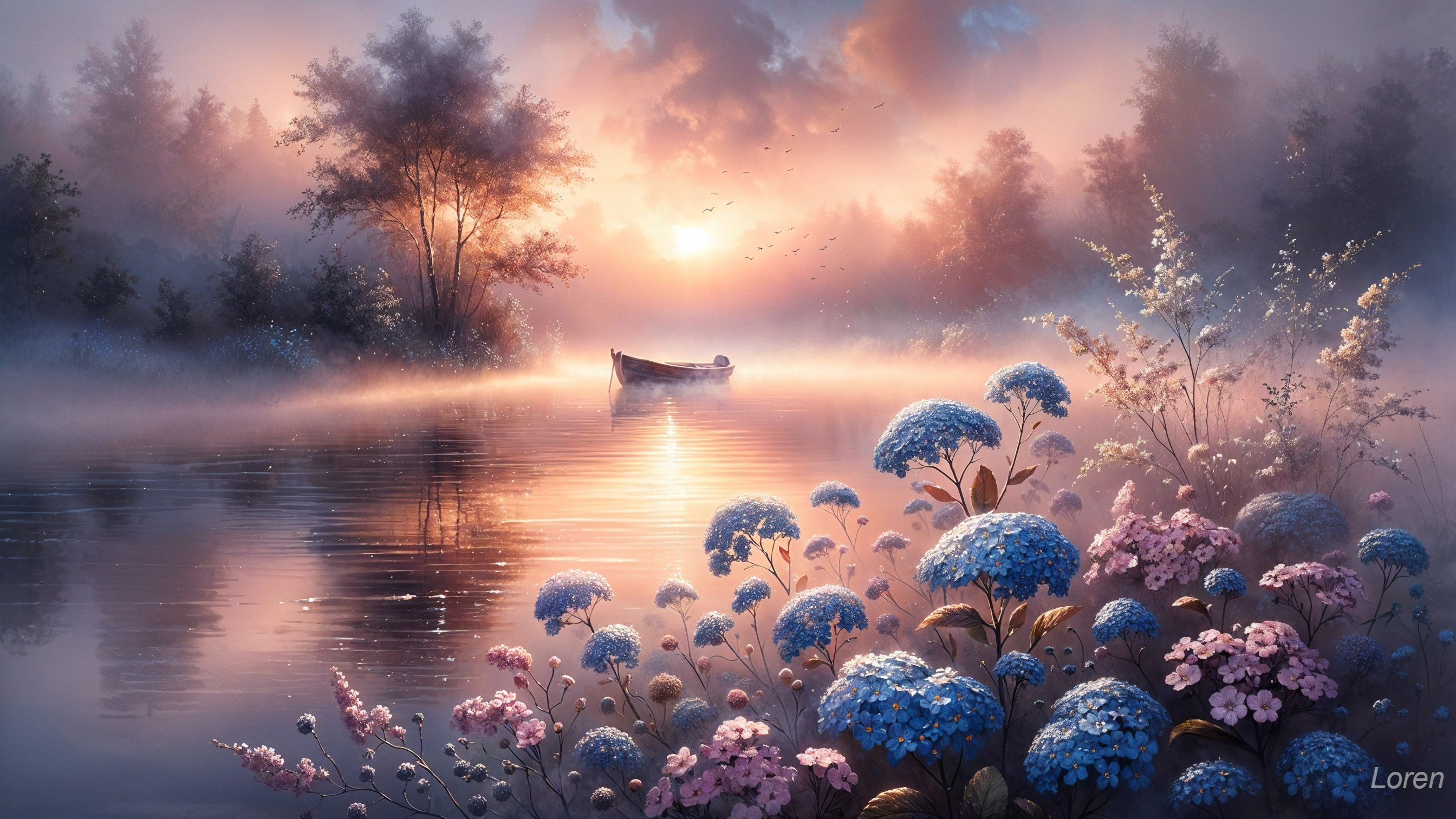 Serene Dawn Landscape with Tranquil Lake and Hydrangeas