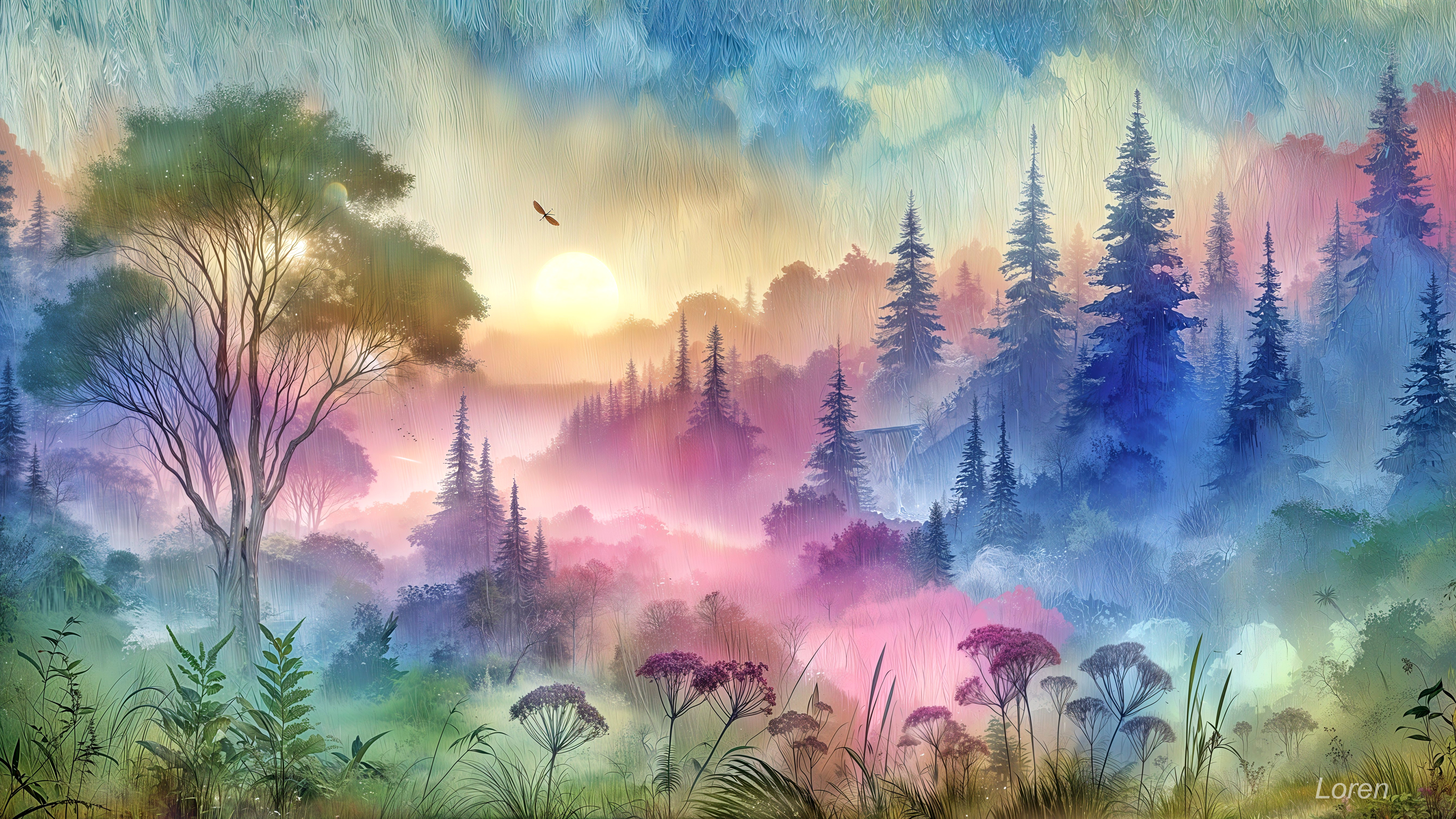 Vibrant Sunset Landscape with Pine Trees and Wildflowers