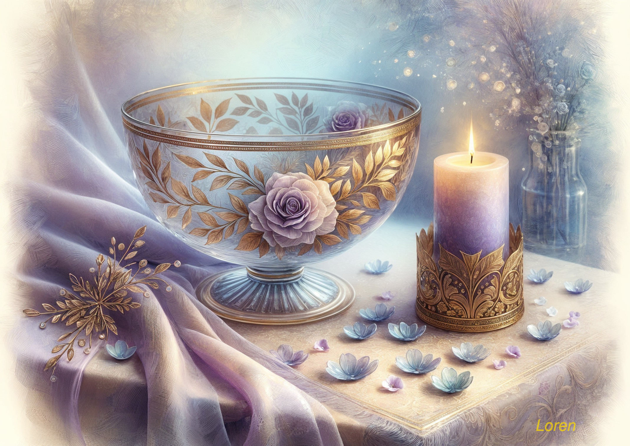 Ornate Glass Bowl with Candle and Floral Accents
