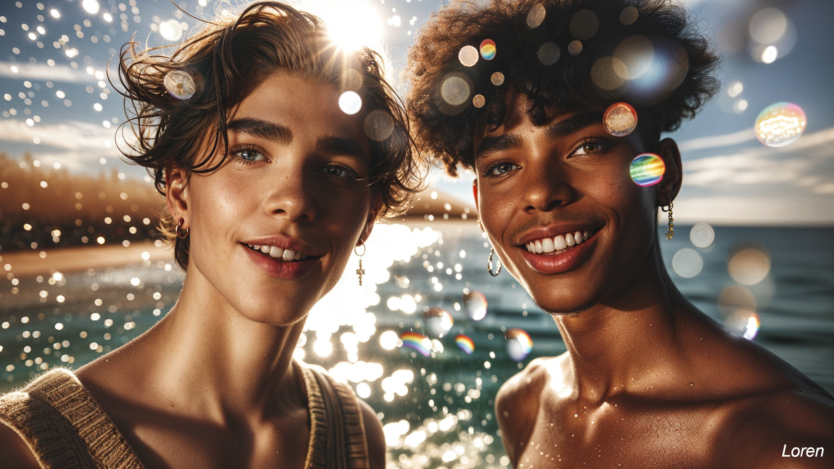 Young men enjoying a sunny day by the water
