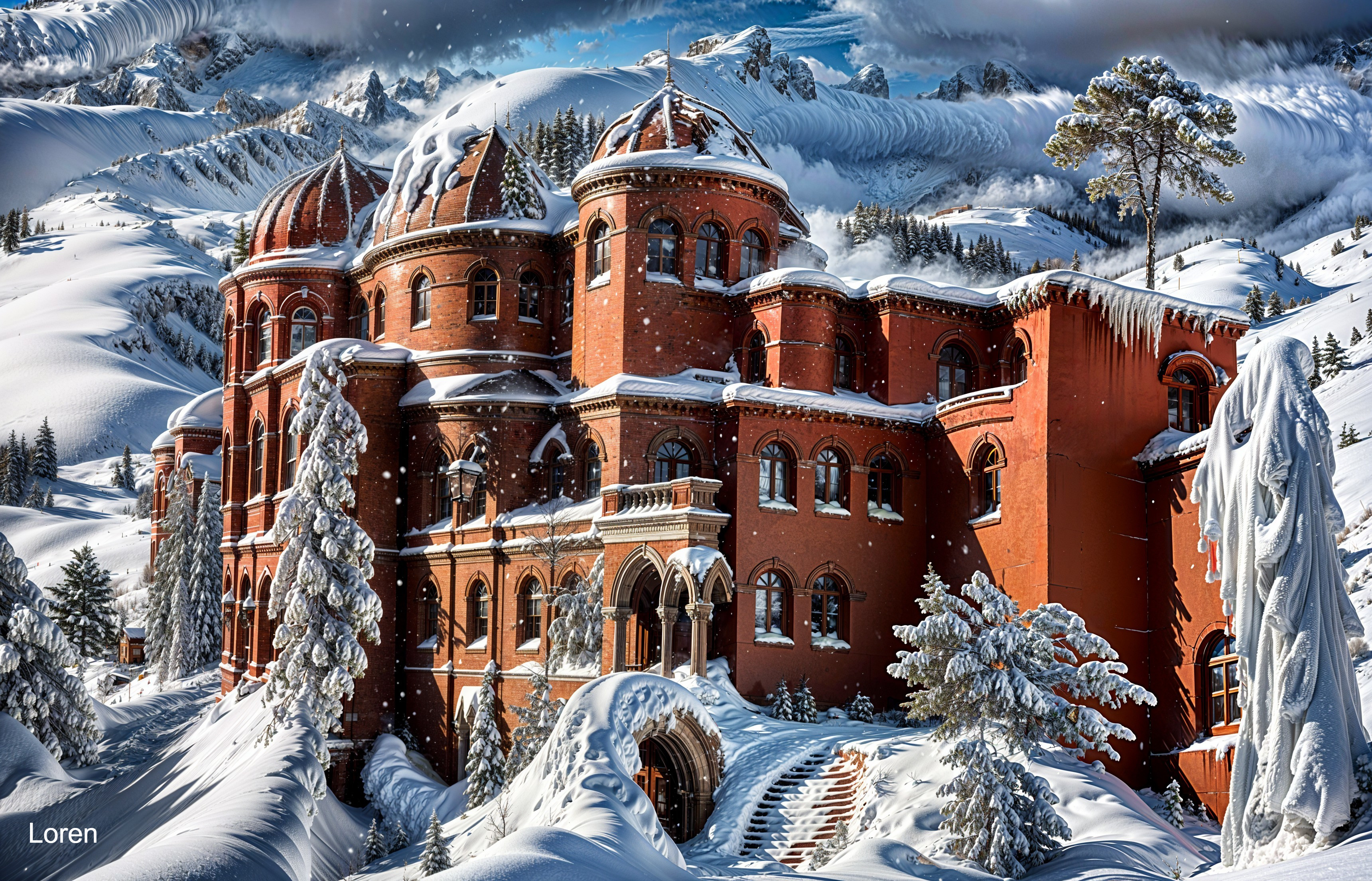 Red-brick castle in winter wonderland setting