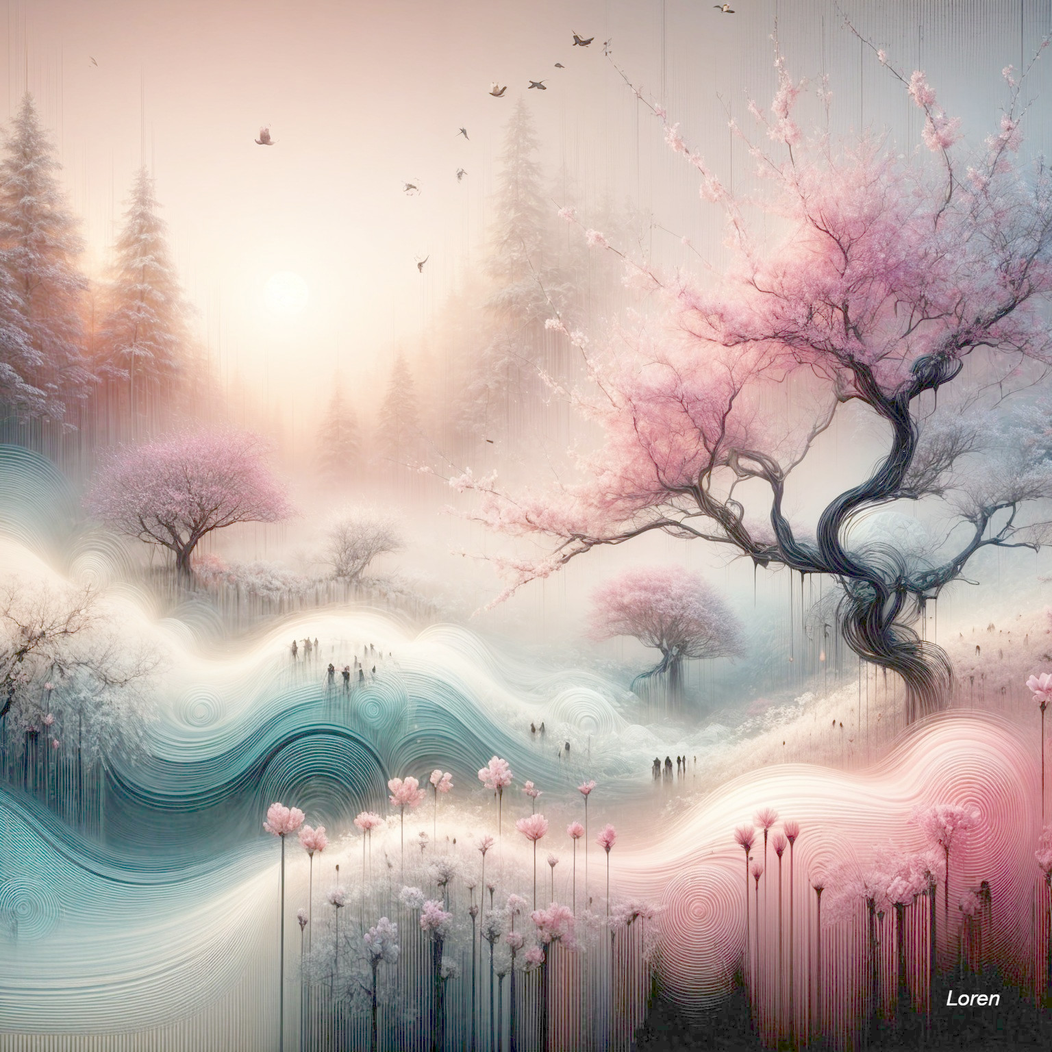 Serene Landscape with Pink Cherry Blossom Trees