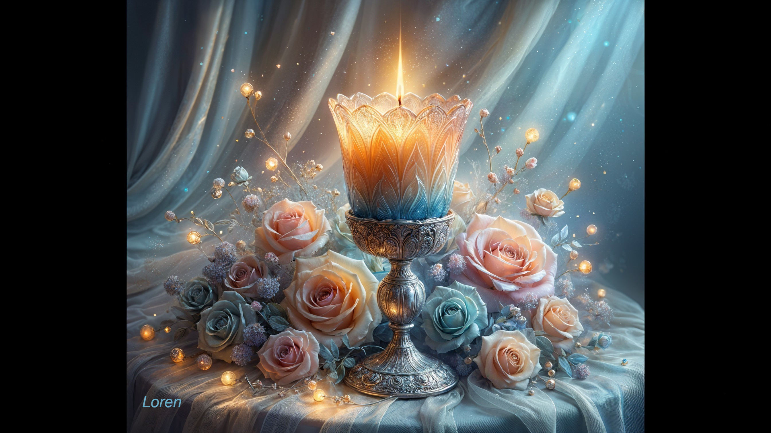 Candle and Pastel Roses in Serene Setting