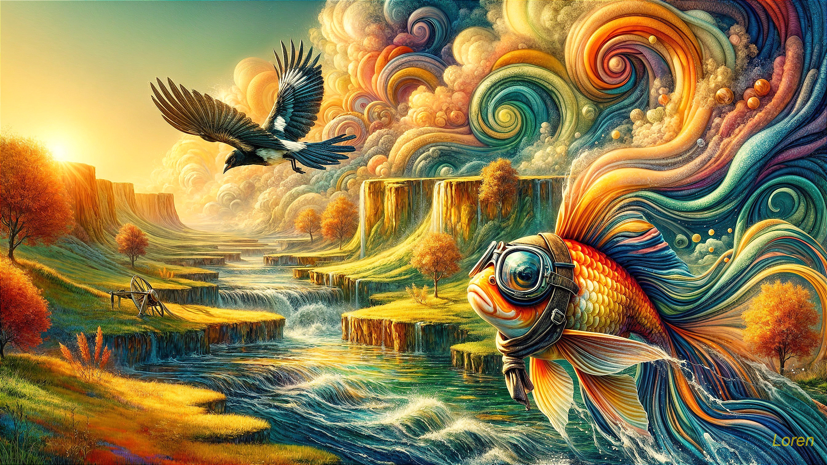 Surreal Landscape with Colorful River and Goldfish