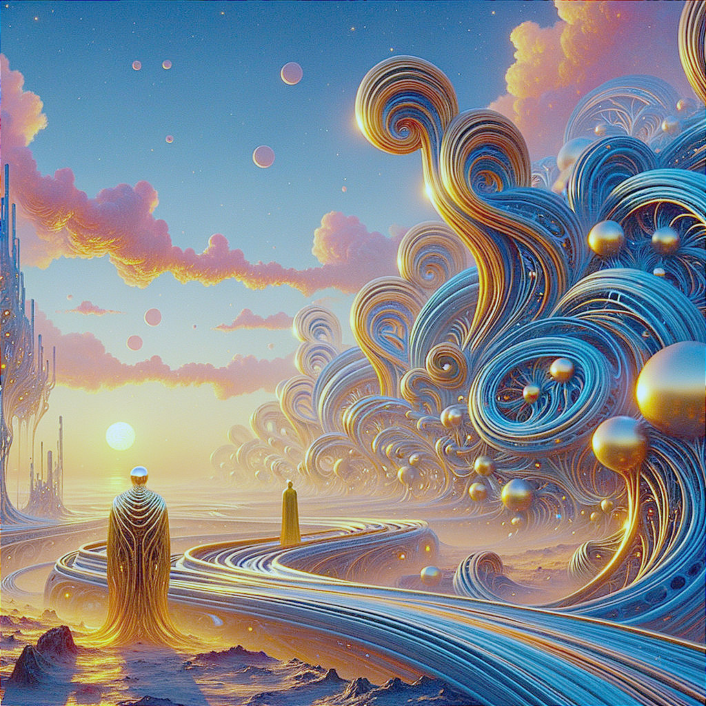 Surreal Landscape with Cloaked Figure and Orbs