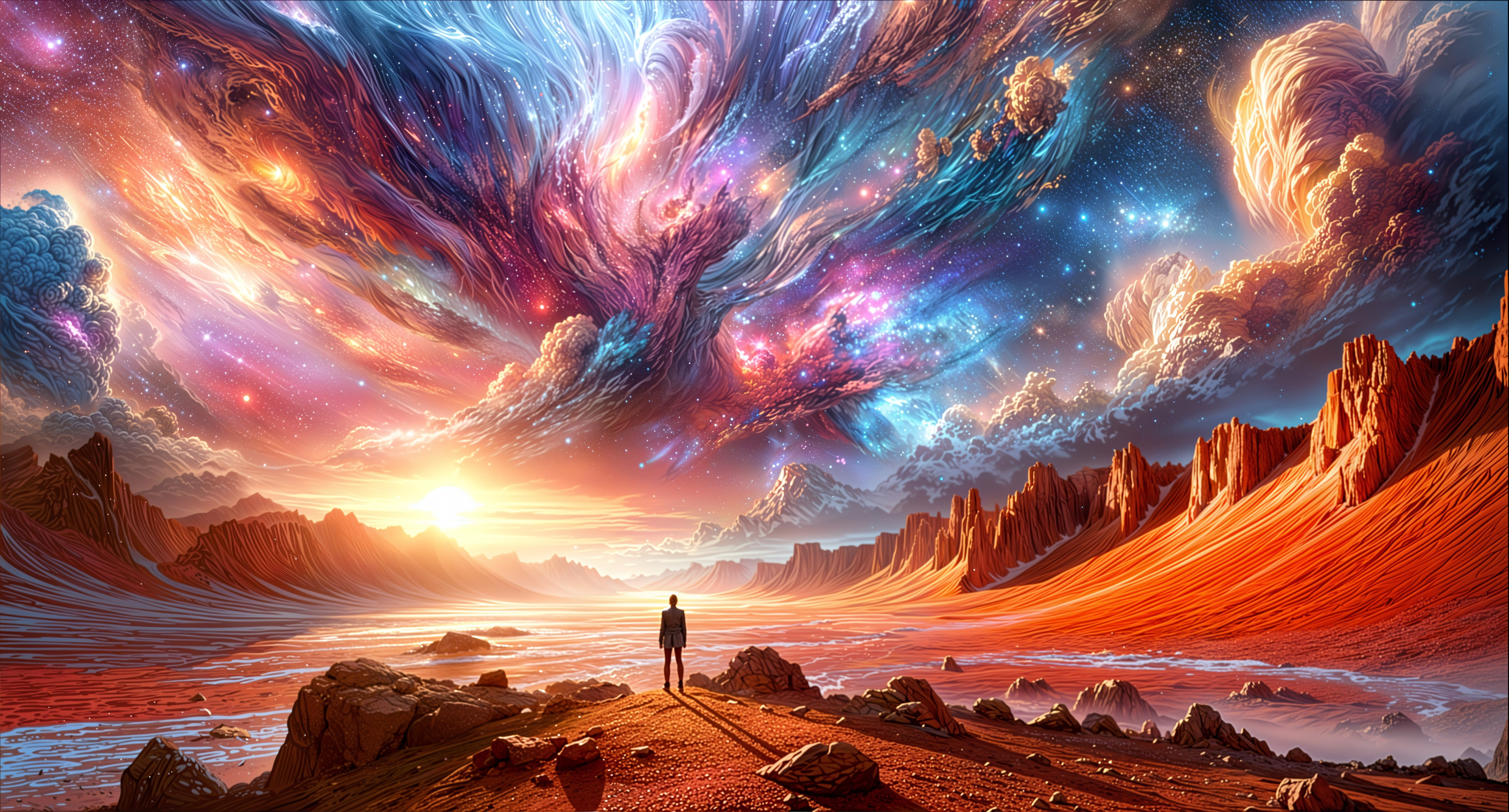 Alien Landscape with Cosmic Sky and Shimmering Water