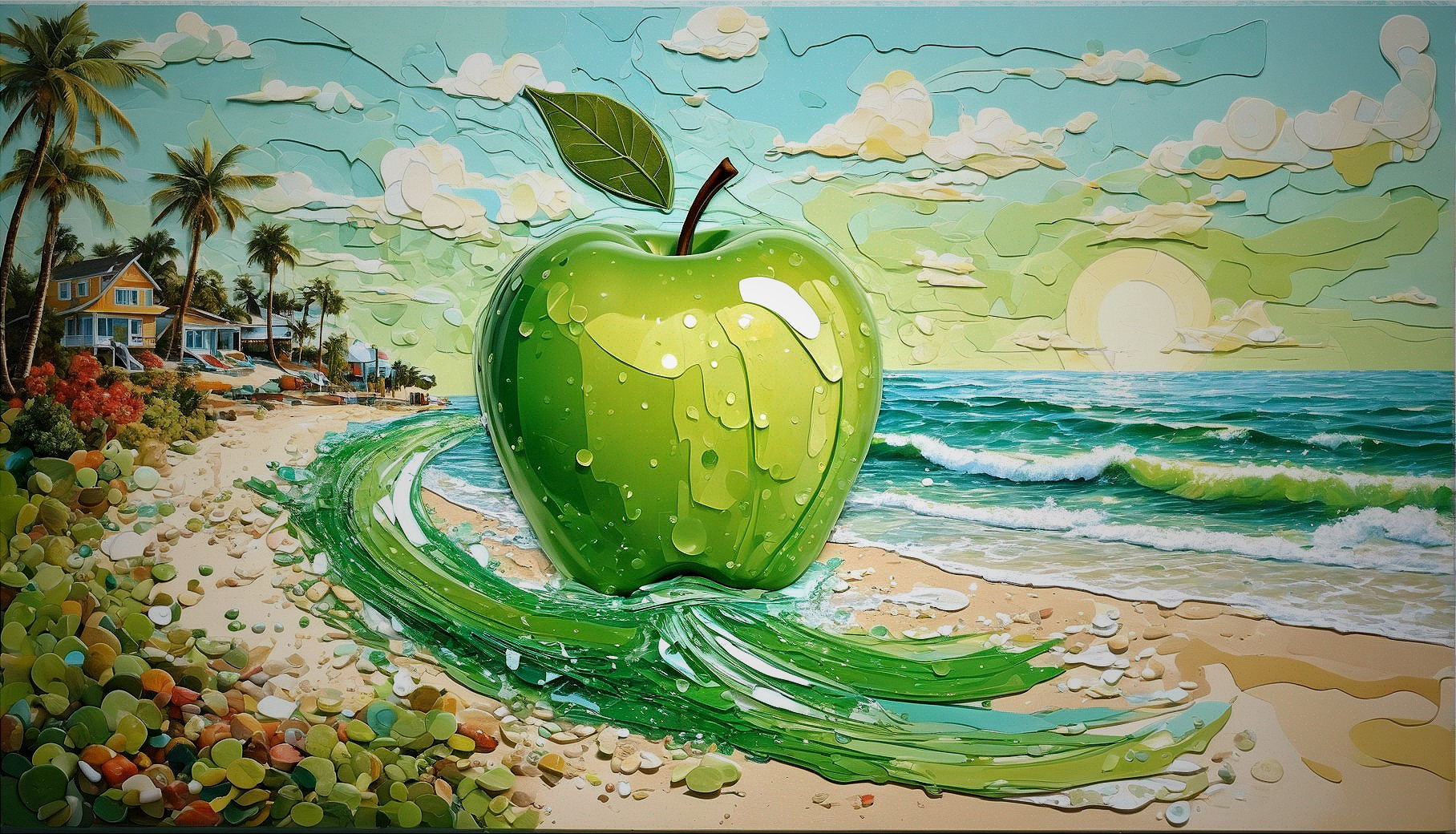 Oversized Green Apple on a Tropical Beach Scene