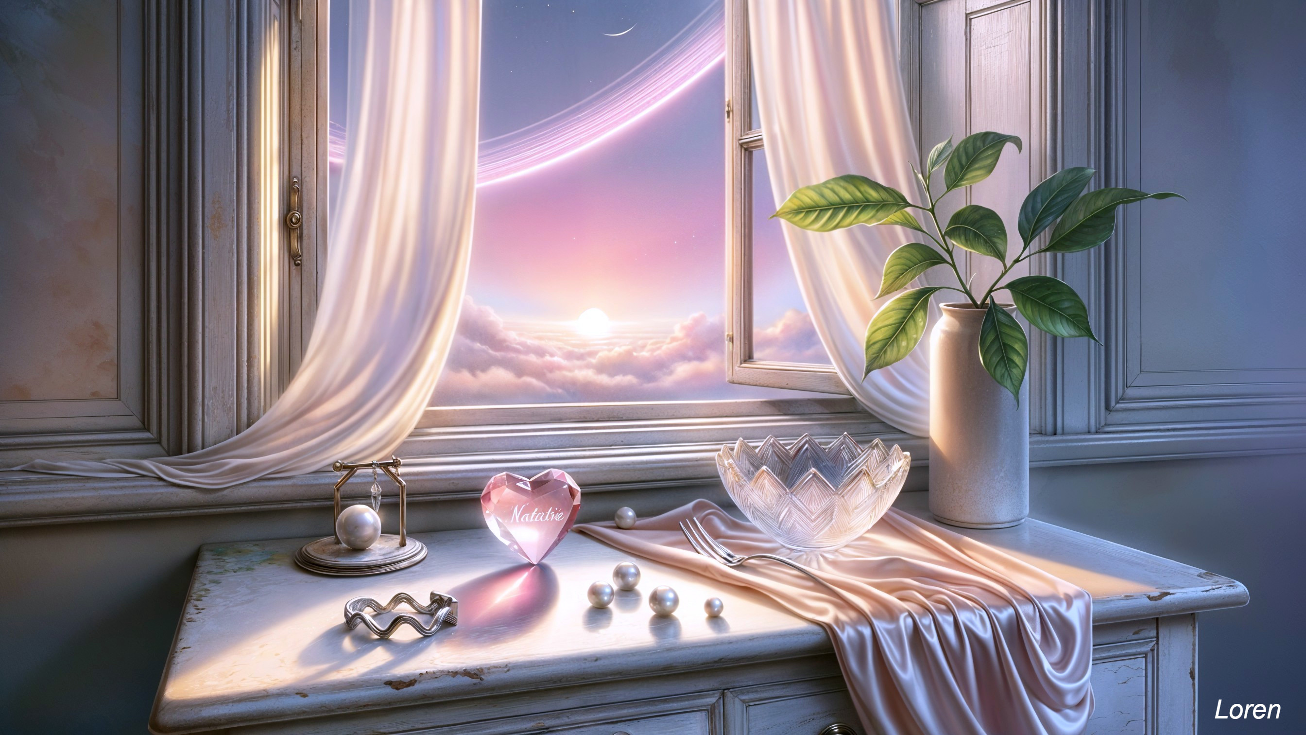 Serene Window Scene with Cosmic Landscape and Decor