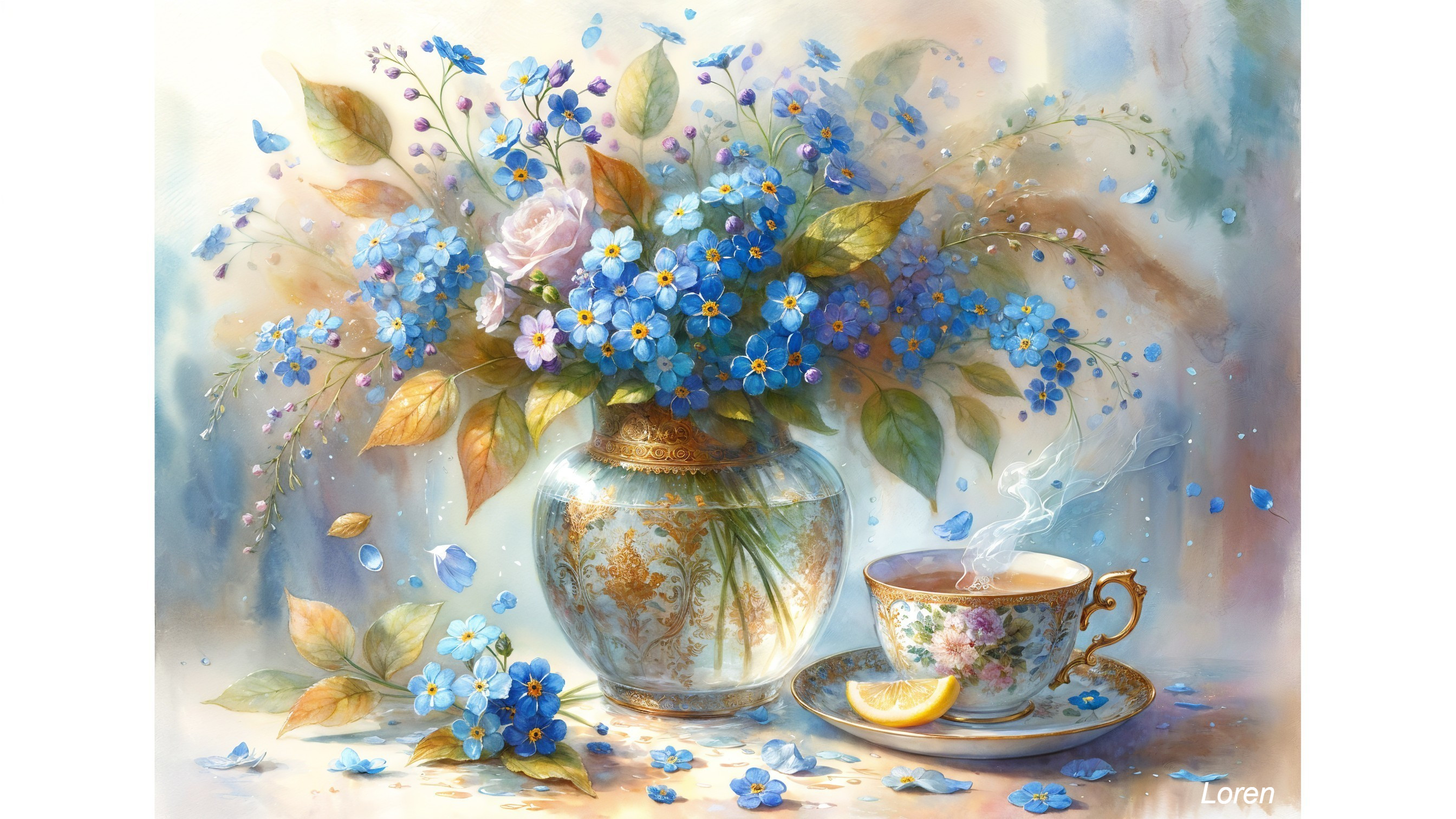 Delicate Blue Flowers in Decorative Vase with Tea