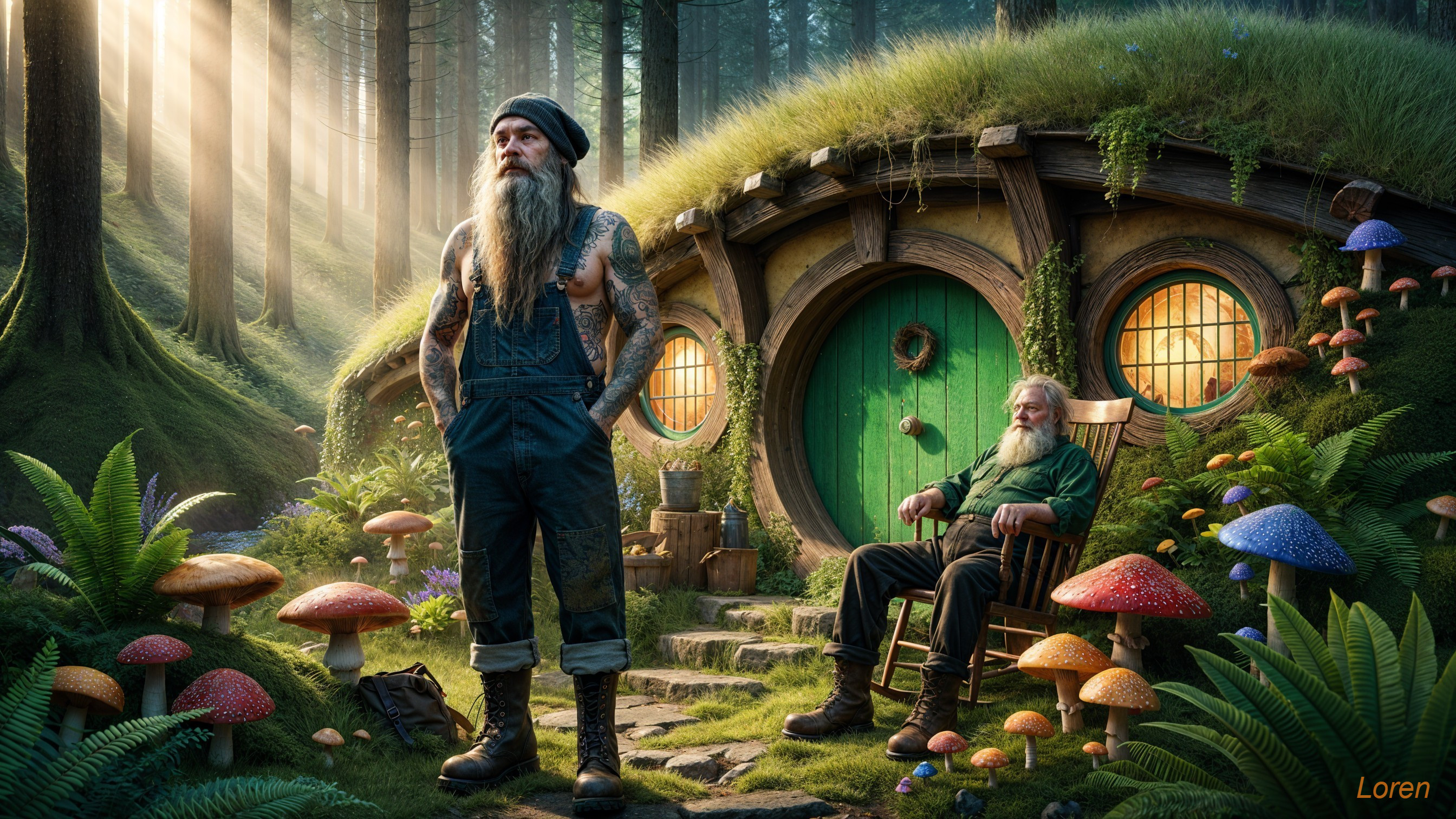 Forest Scene with Two Men by Hobbit-like Dwelling