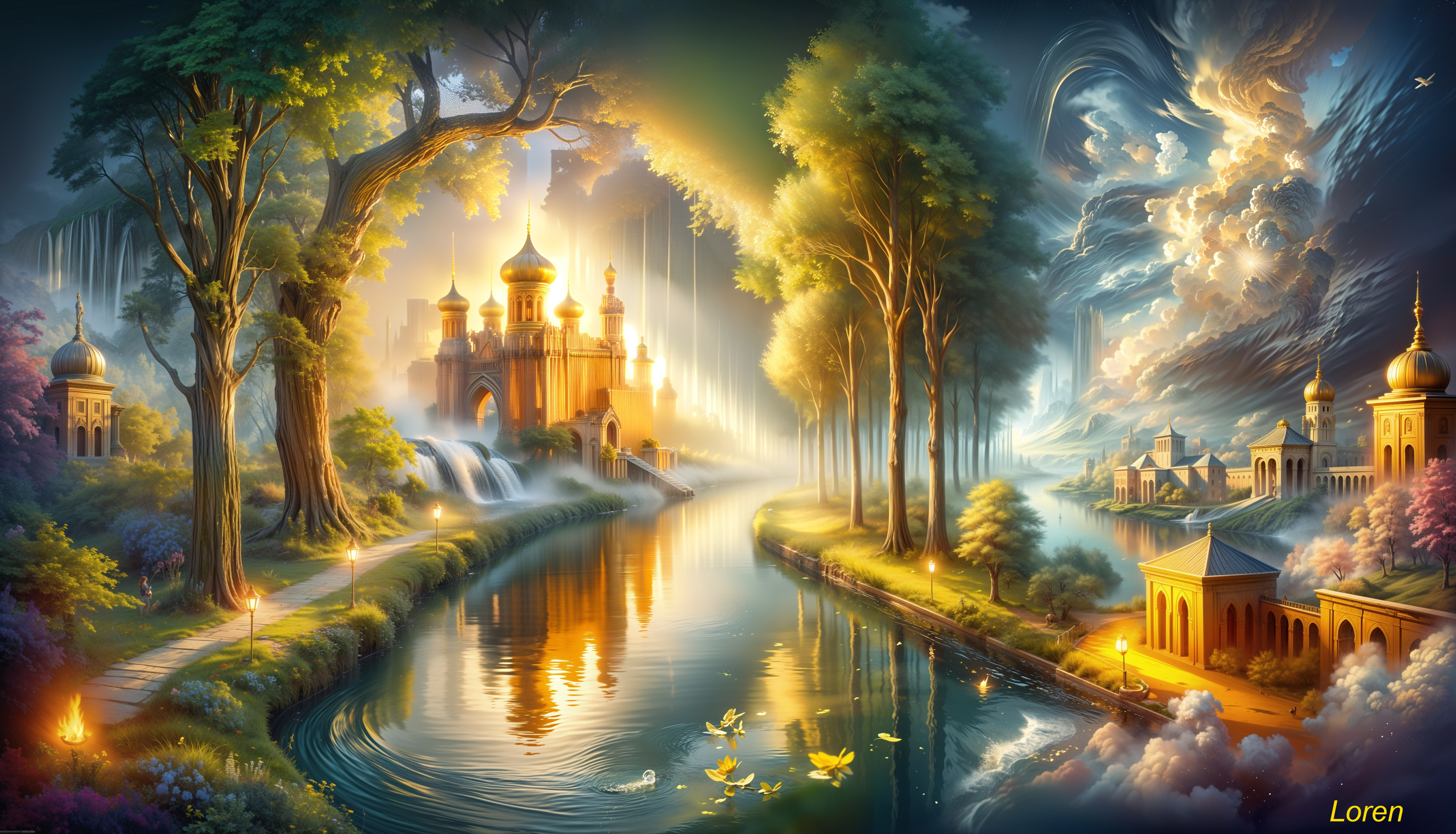 Mystical Landscape with Golden Castle and Waterfalls