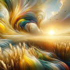 Golden Wheat Fields at Sunrise with Blue Sky