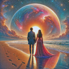 Couple on Beach Under Cosmic Sky with Radiant Planet