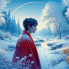 Winter Landscape with Young Figure in Red Cloak