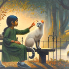 Young girl in green dress pets white cat in park