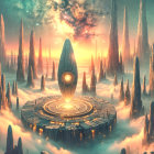 Surreal Landscape with Jagged Rocks and Monolith