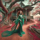 Mysterious Figure in Emerald Gown on Scenic Path