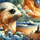 Whimsical Seal in Colorful Swirling Waves and Sunset