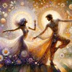 Couple Dancing in a Dreamlike Floral and Celestial Scene
