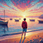 Young Boy on Pebbled Beach at Vibrant Sunset