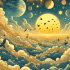 Vibrant Cosmic Scene with Planets and Clouds