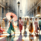 Elegant City Street Scene with Colorful Umbrellas