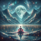 Young Woman by Tranquil Lake at Sunset