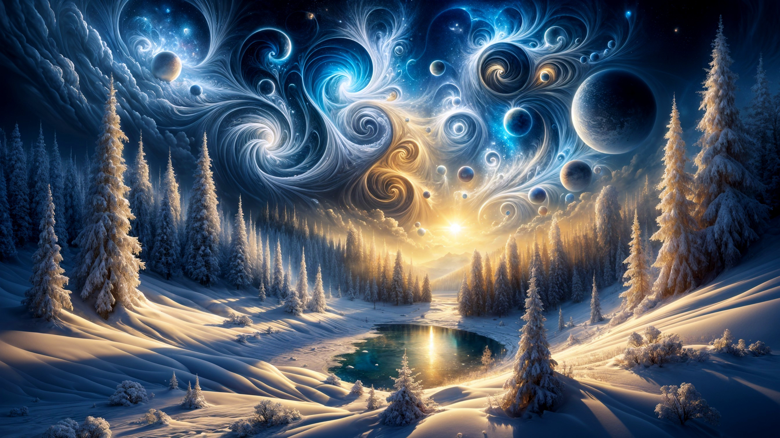 Serene Winter Landscape with Cosmic Swirl Above