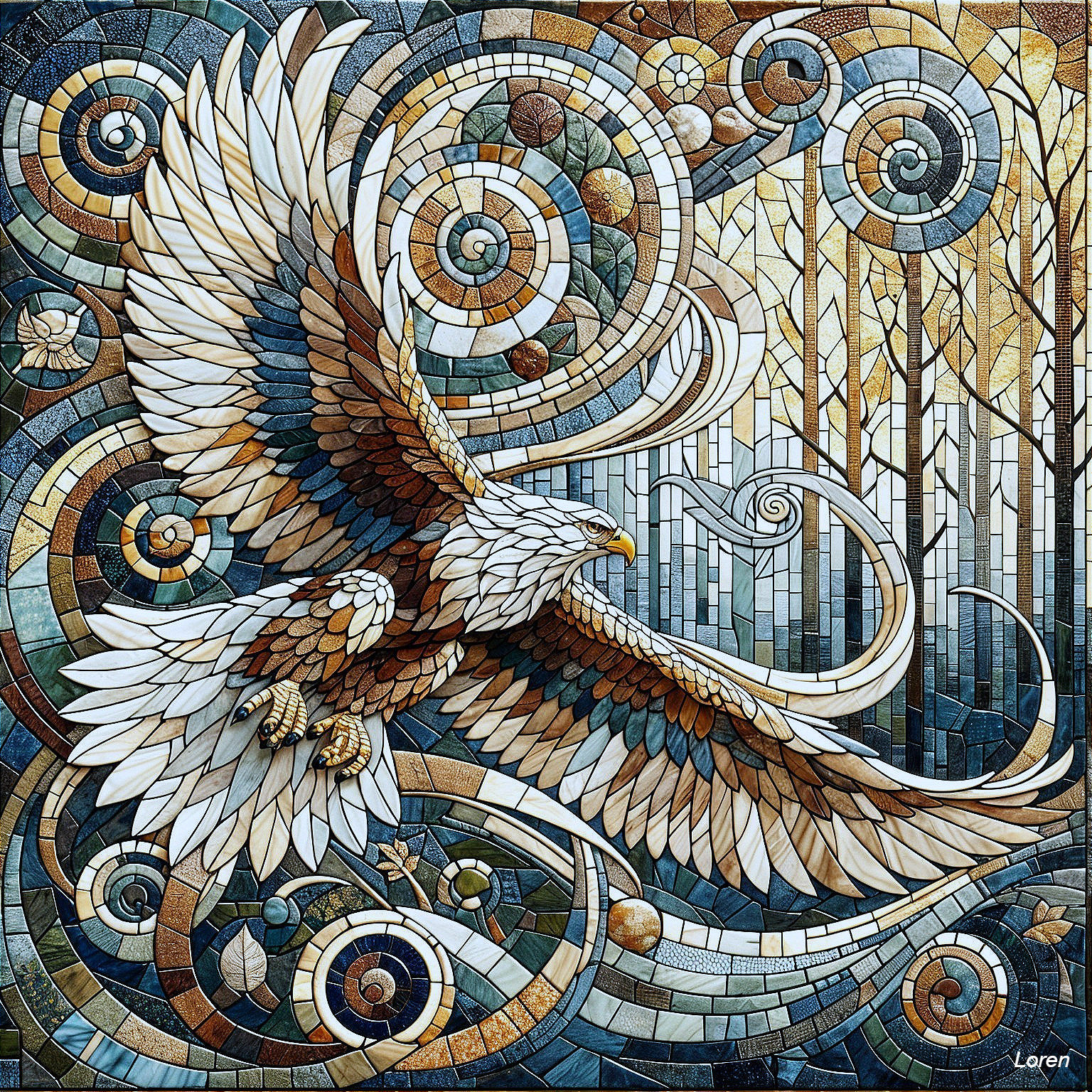 Mosaic of an Eagle with Abstract Forest Background