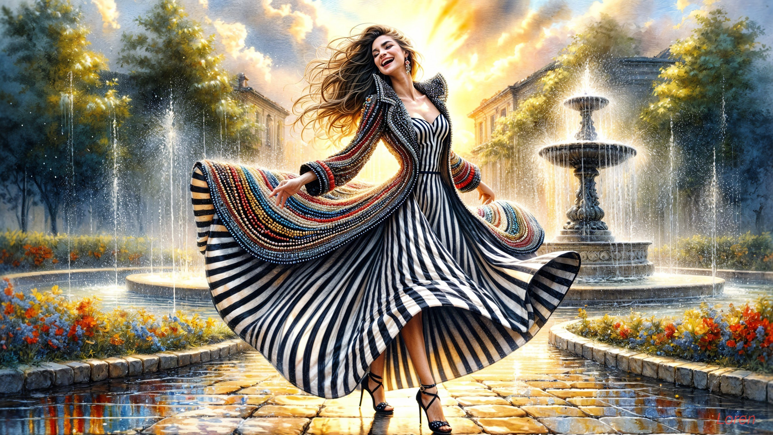 Joyful woman in vibrant dress amidst fountains and flowers