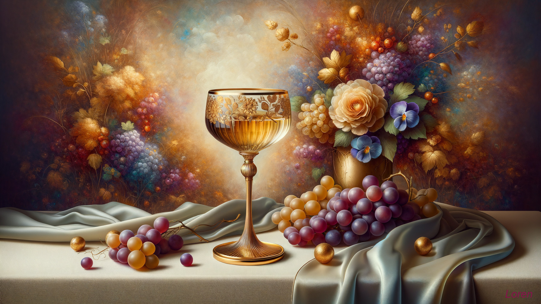 Elegant Still Life with Wine Glass, Grapes, and Flowers