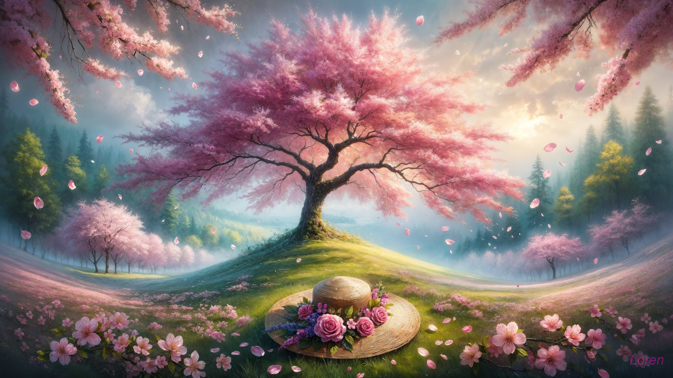 Serene Cherry Blossom Landscape with Vibrant Roses