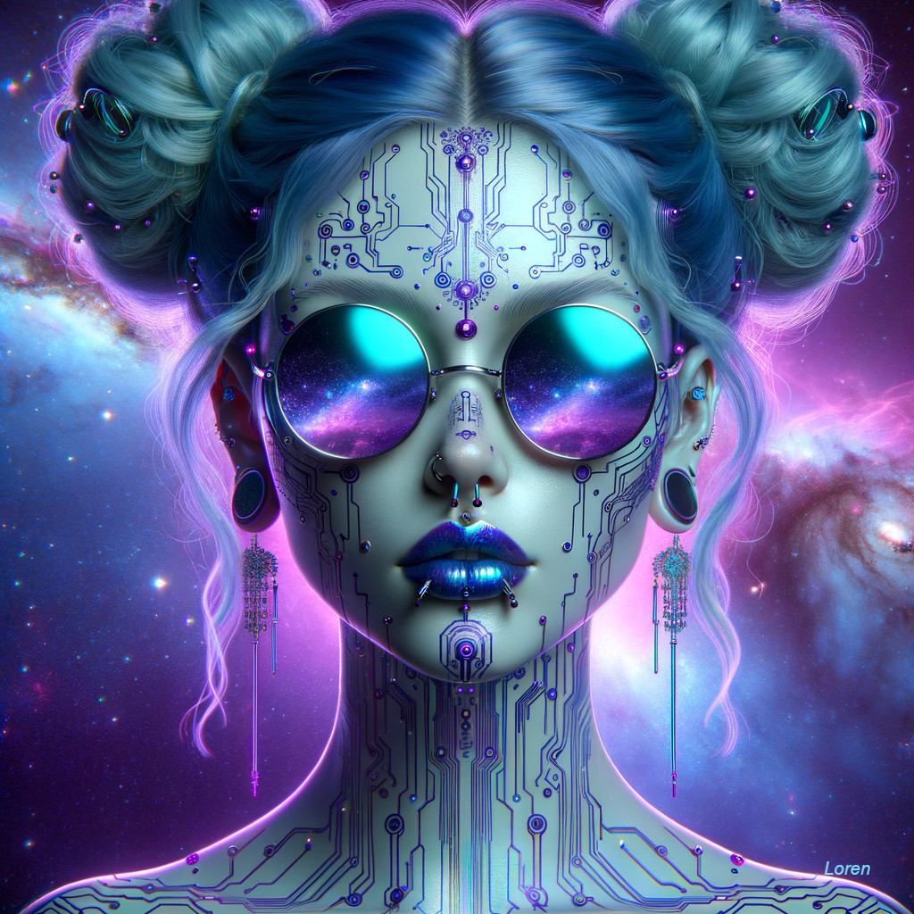 Futuristic Cybernetic Figure with Cosmic Sunglasses