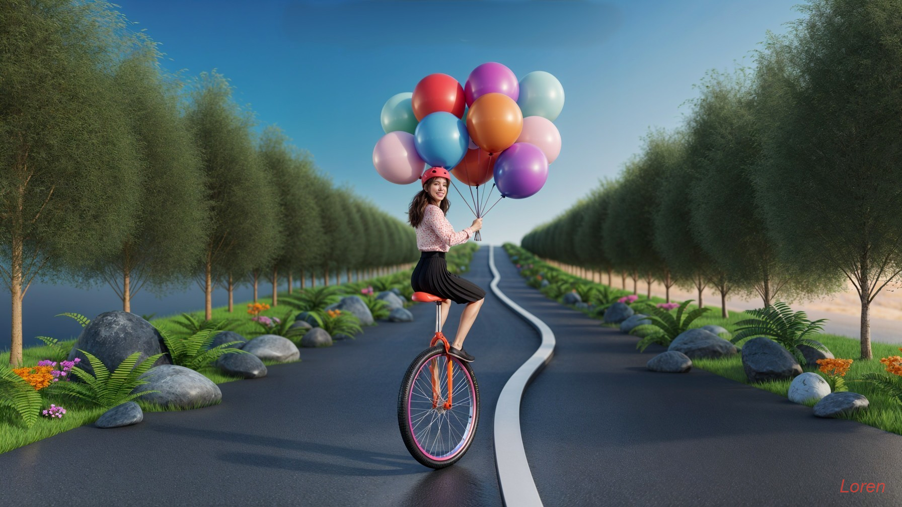 Young woman on unicycle with balloons in scenic setting