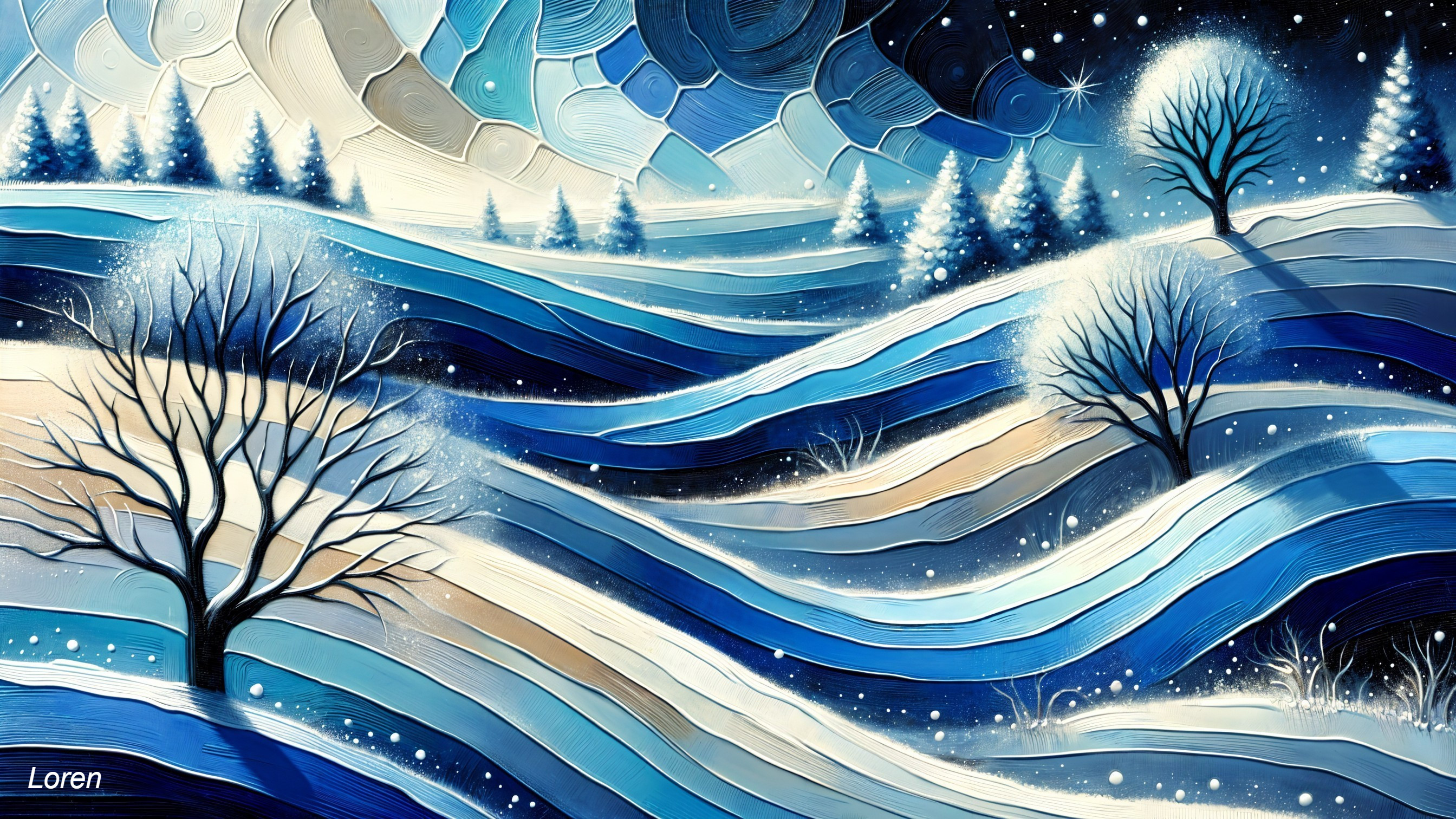 Serene Winter Landscape with Abstract Trees and Stars