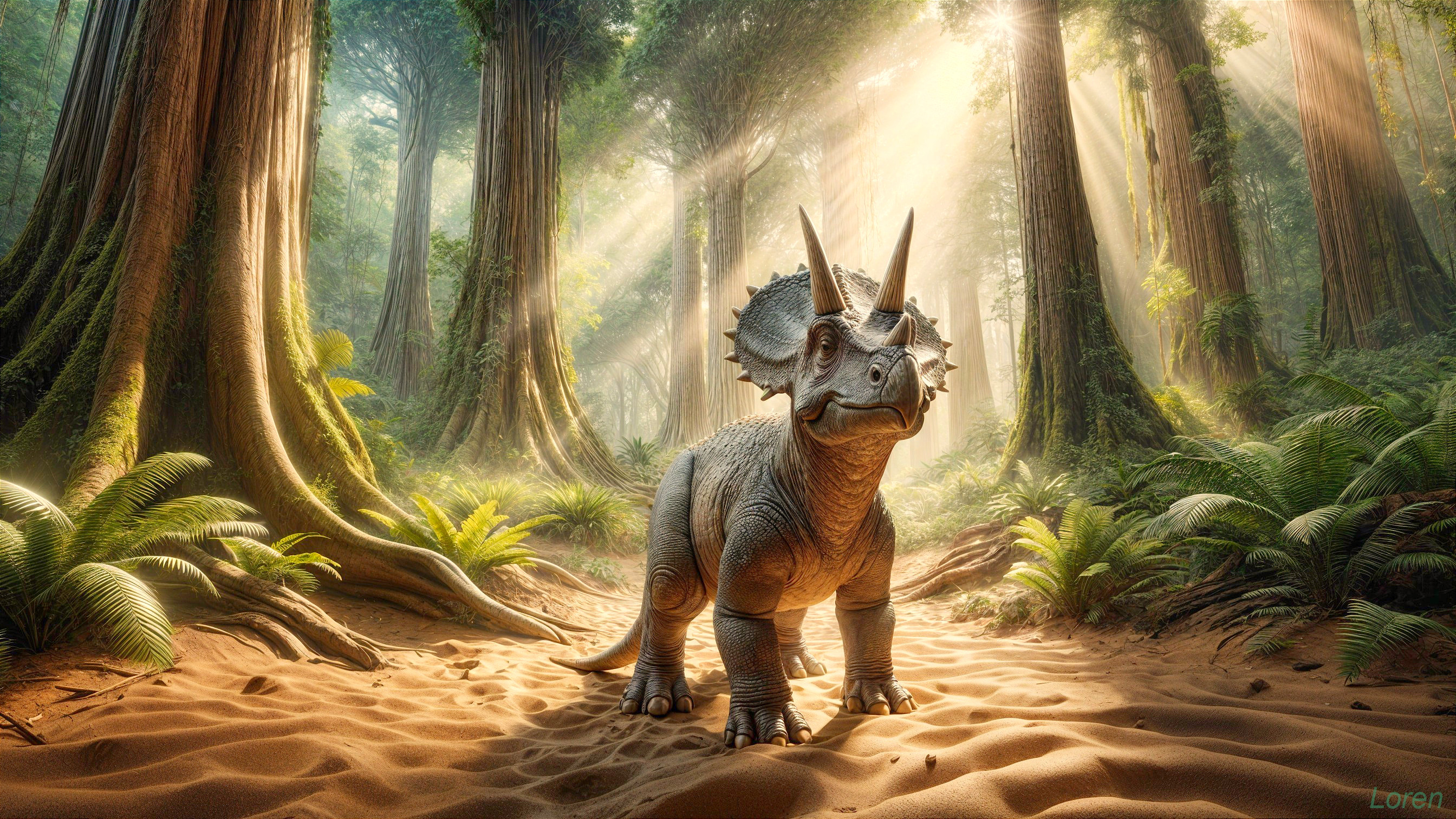 Triceratops in a Sunlit Prehistoric Forest Scene