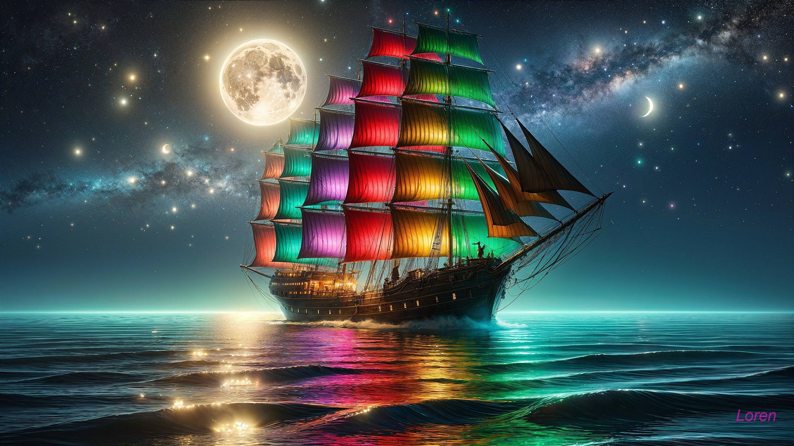 Vibrant Sailing Ship Under Starry Night Sky