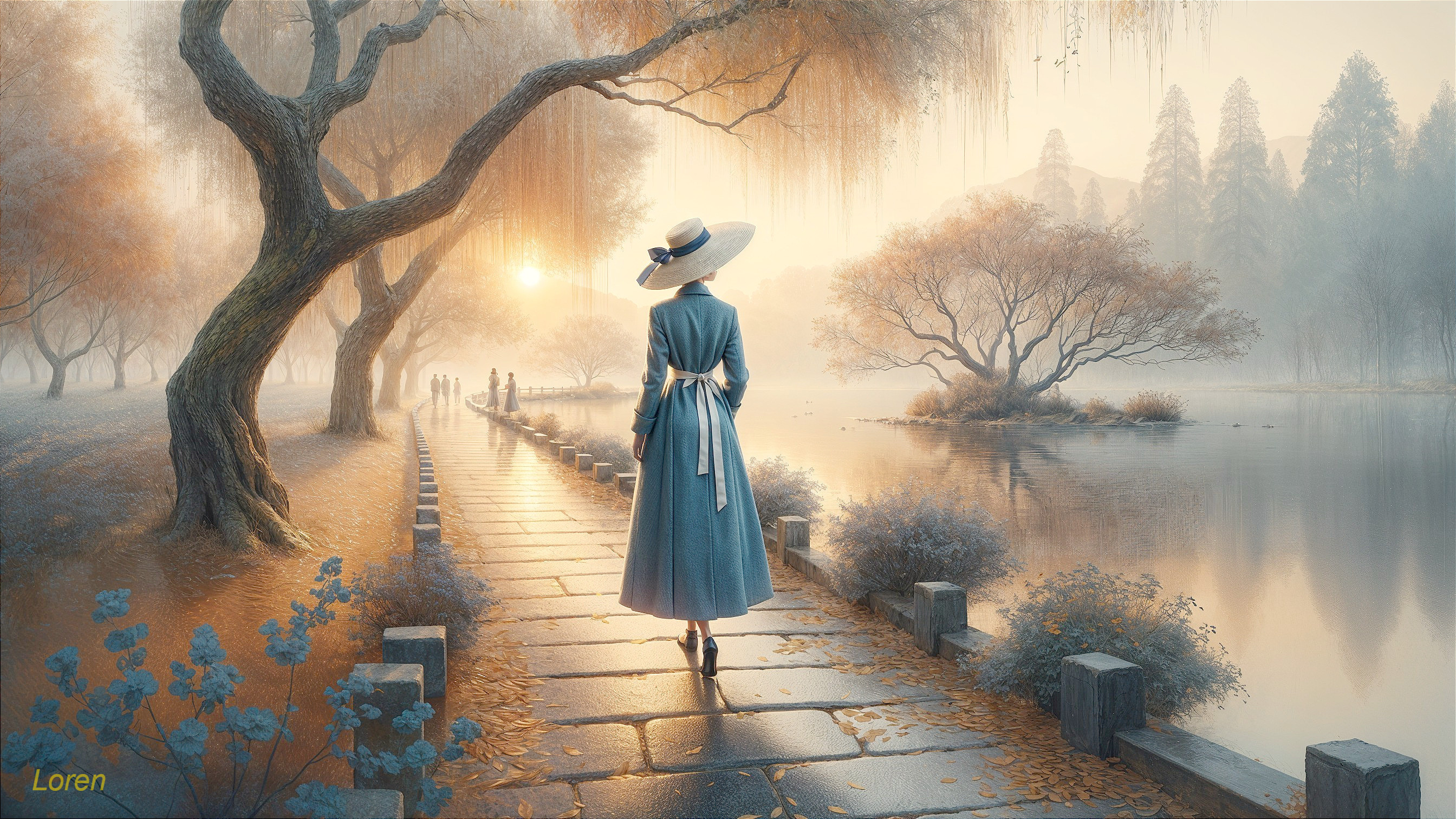 Autumn Landscape with Woman by Tranquil Lake