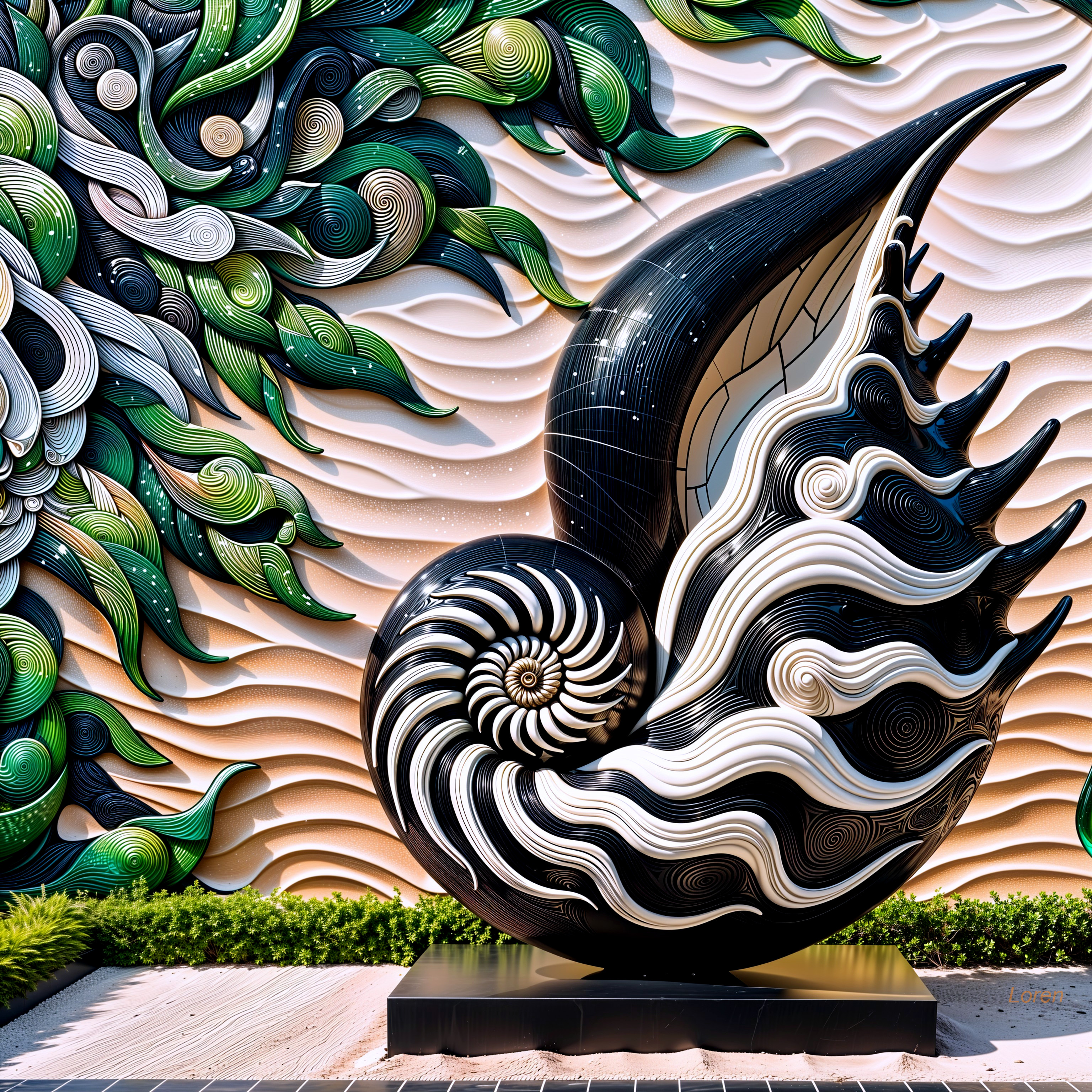 Nautilus Shell Sculpture with Black and White Patterns