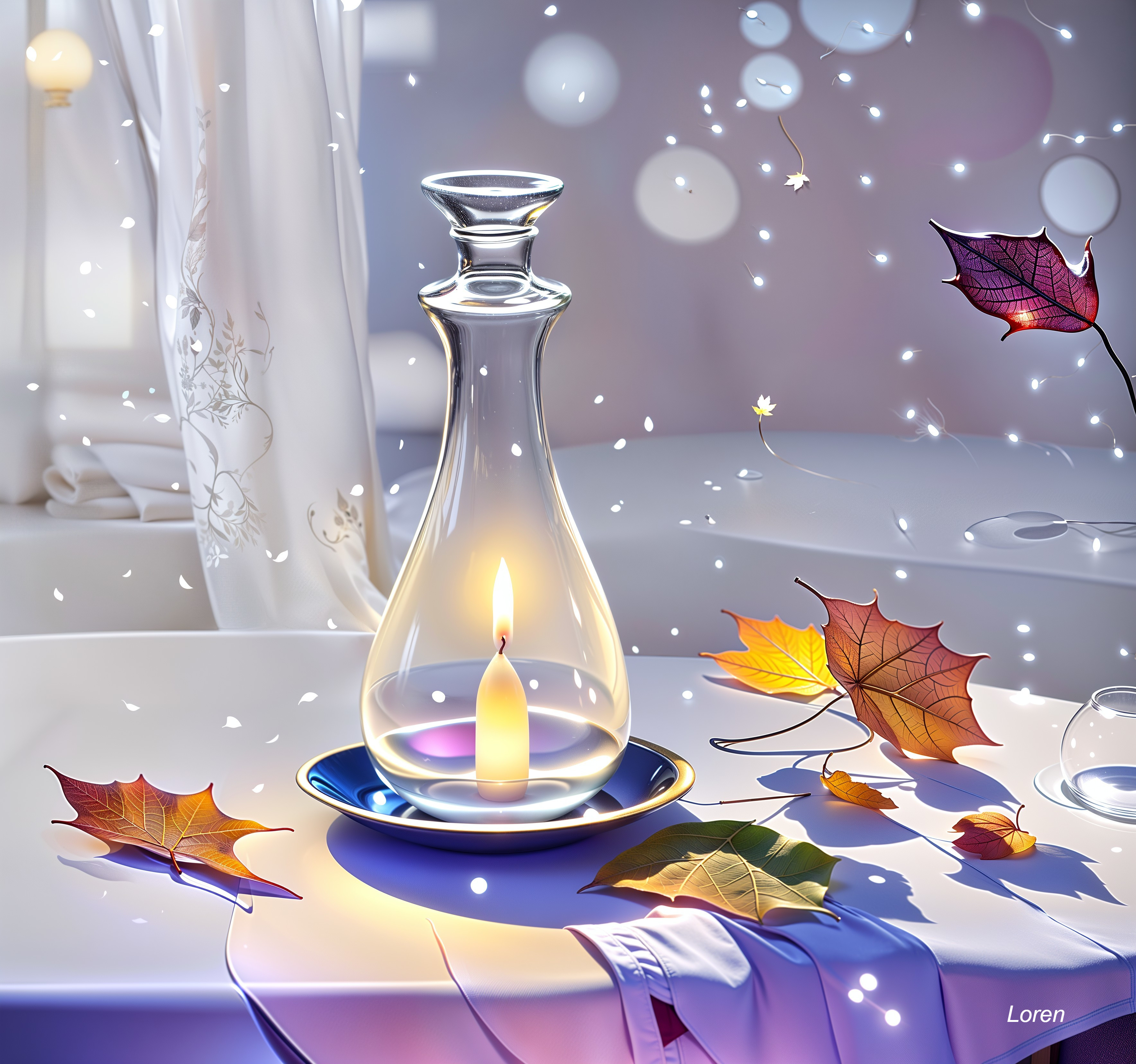 Serene Glass Decanter with Candle and Autumn Leaves