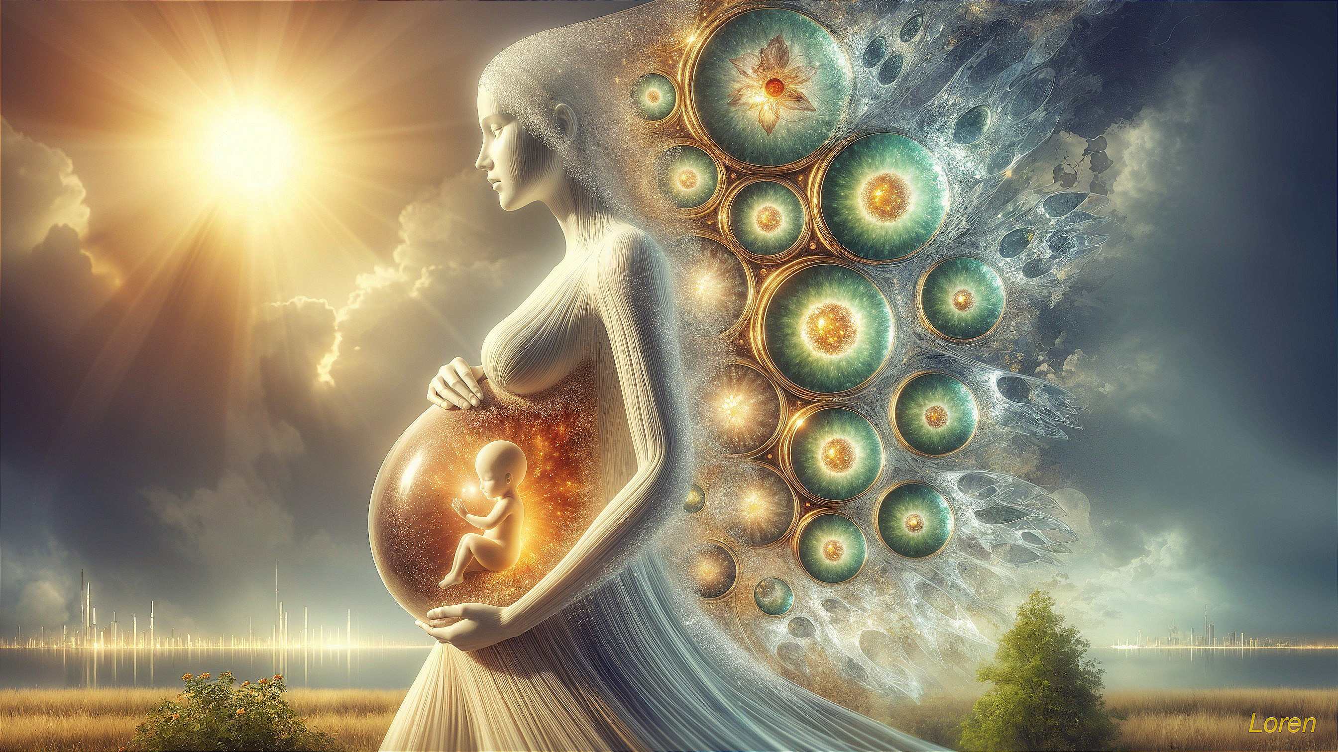 Surreal Scene of Woman with Glowing Fetus and Patterns