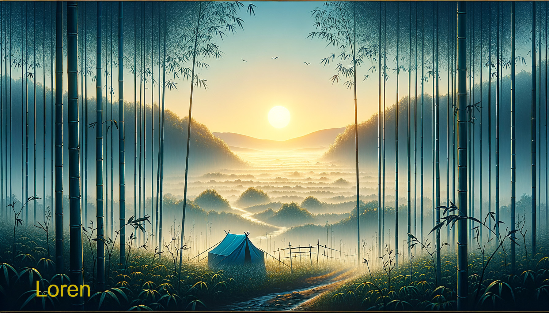 Tranquil Bamboo Landscape with Blue Tent and Mist
