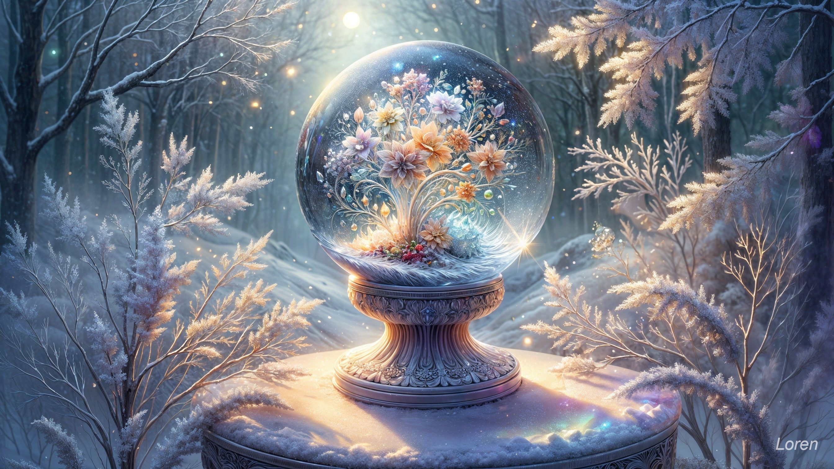 Snow Globe with Flowers in Winter Landscape
