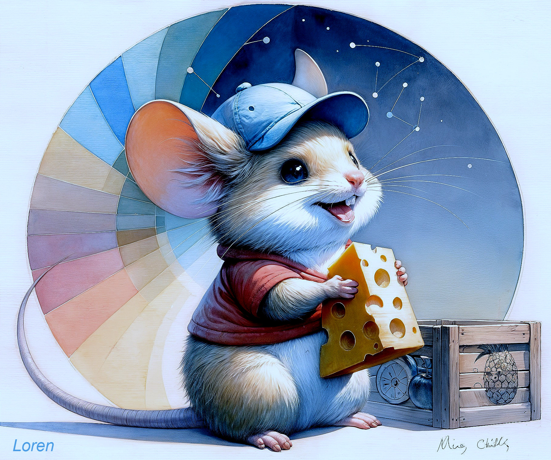 Cheerful Cartoon Mouse with Cheese and Whimsical Background