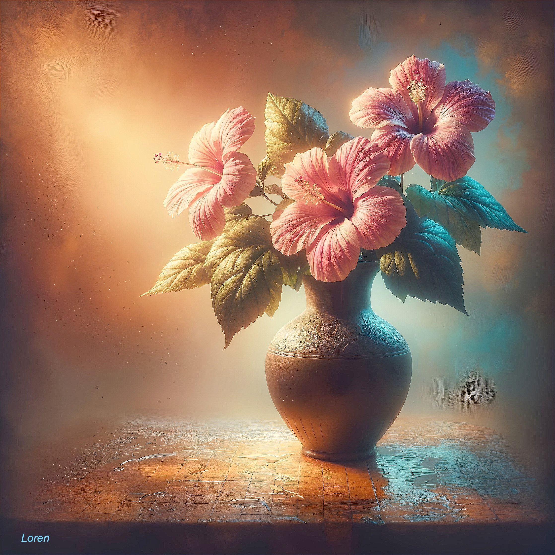 Vibrant Still Life of Pink Hibiscus Flowers in Vase