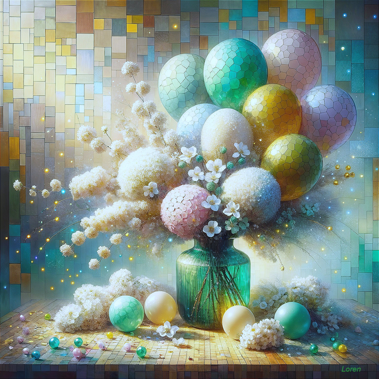 Pastel Balloons and Flowers in Turquoise Vase