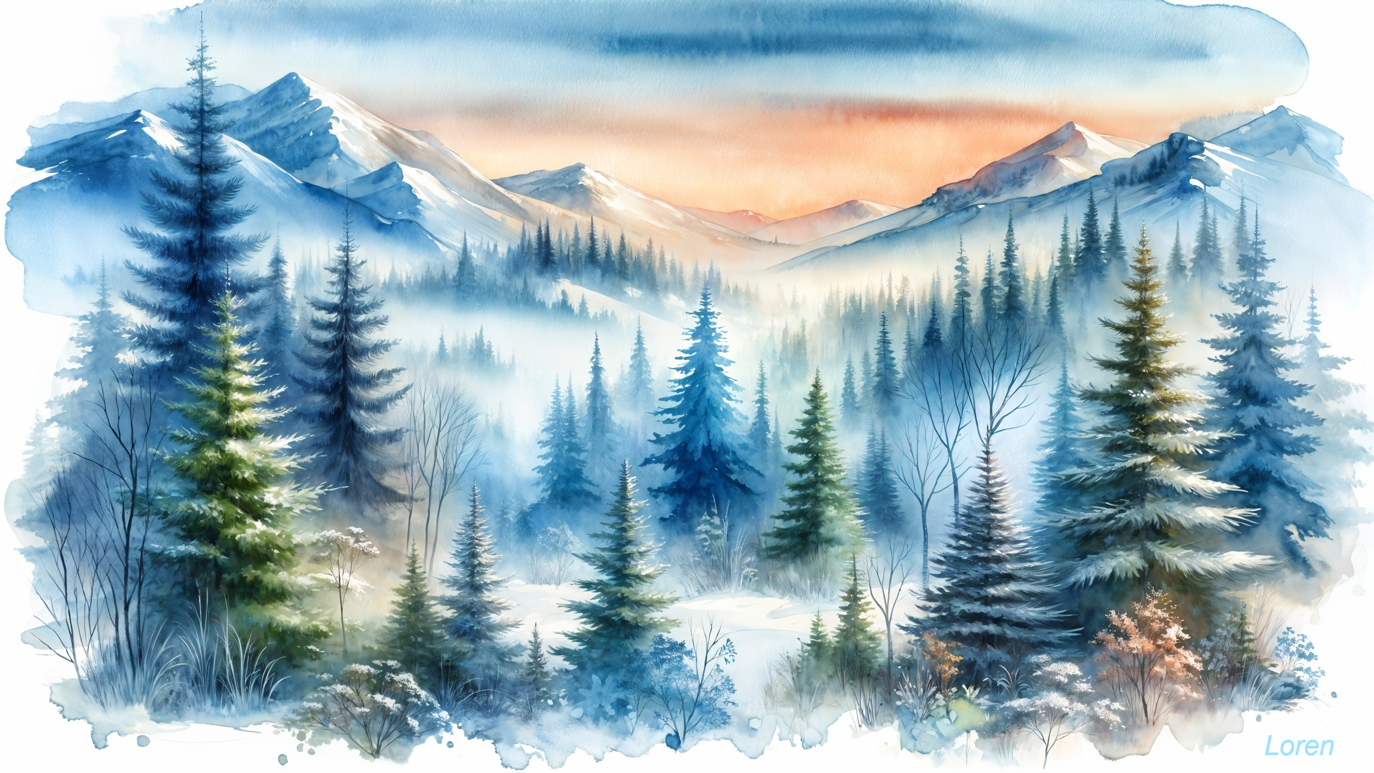 Serene Winter Landscape with Misty Evergreens and Mountains