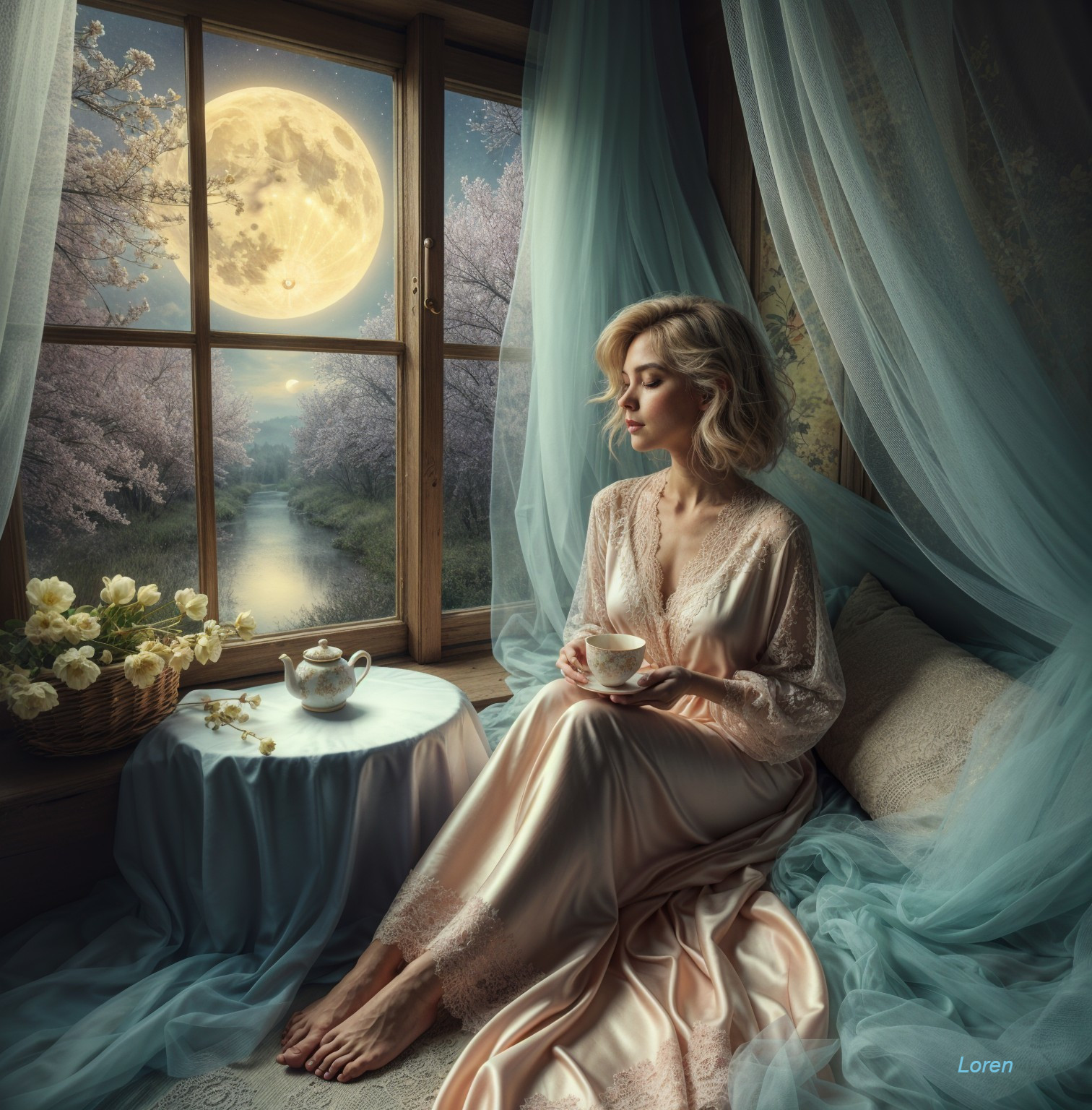 Serene Woman in Silk Robe by Moonlit Window