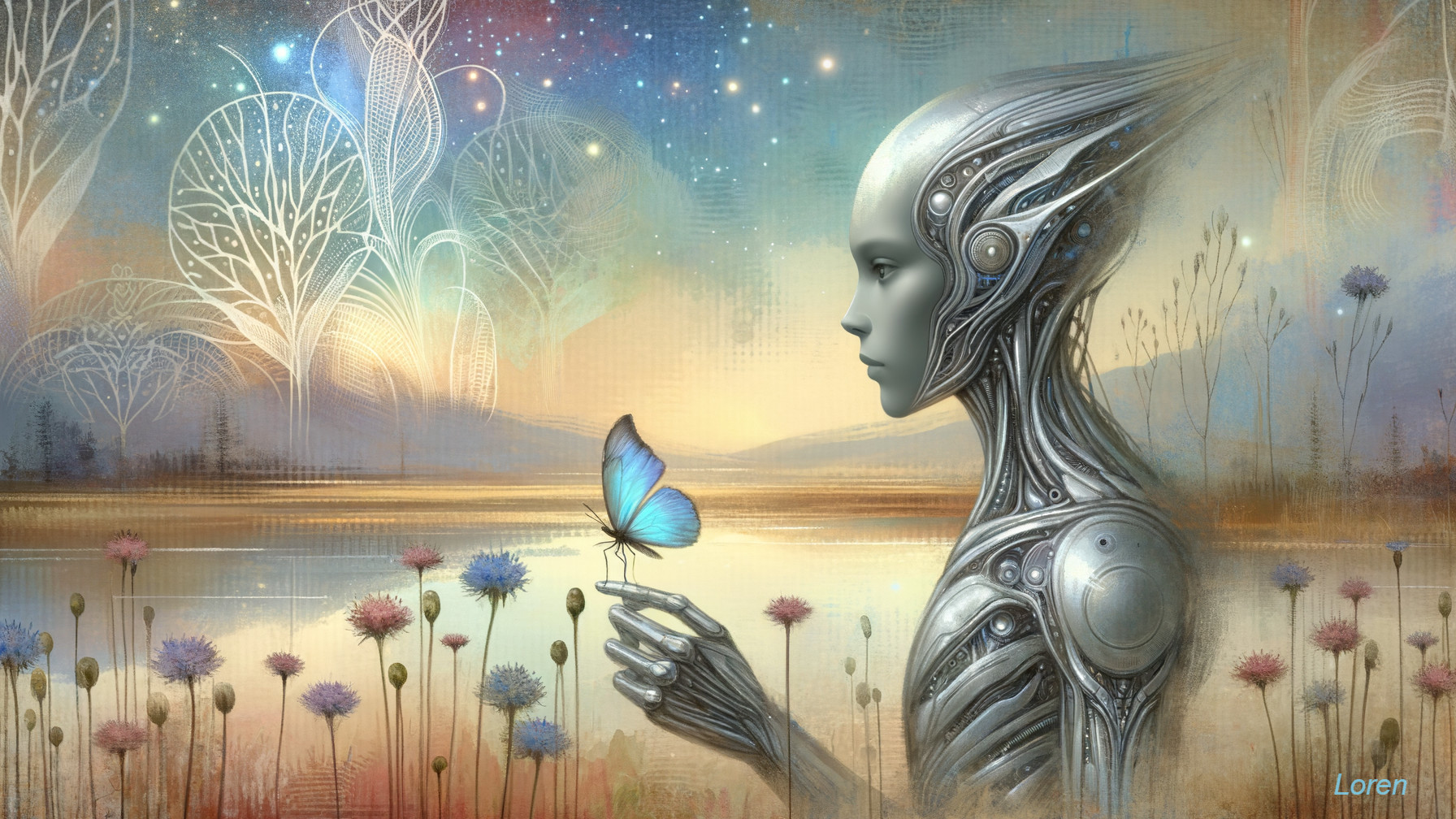 Futuristic Humanoid with Butterfly in Serene Landscape