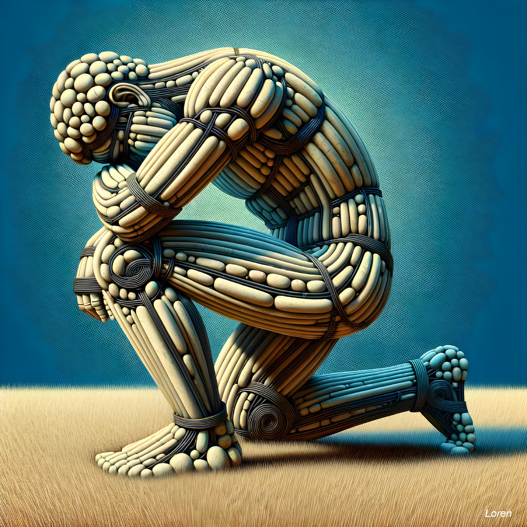 Stylized Wooden Figure in Thoughtful Pose against Blue